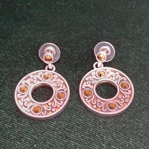 Brighton Sacred Circle Scrolled Amber Stone Earrings Drop With Posts